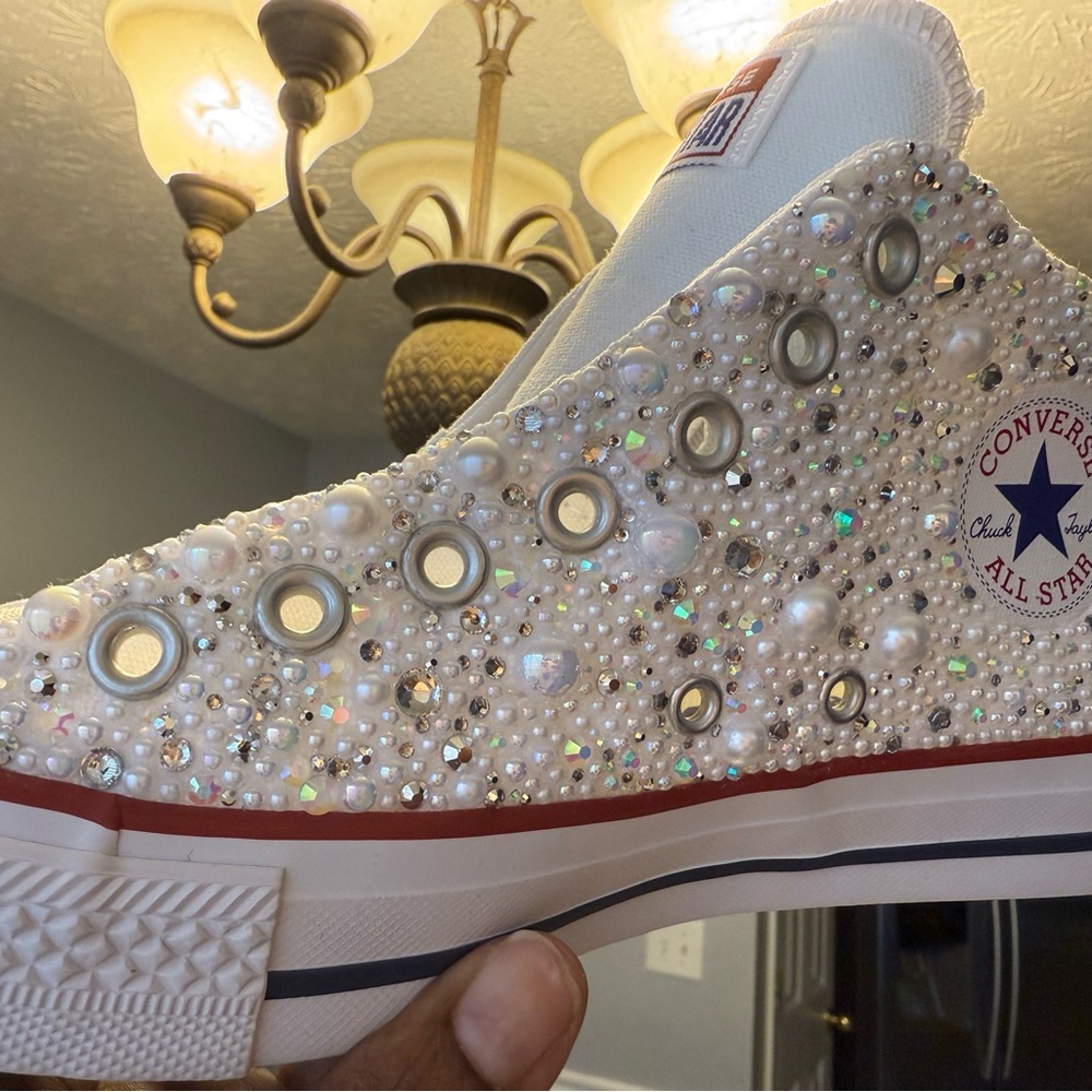 Converse White and Black Iridescent Bling Beaded Sneakers - Picture 4 of 5